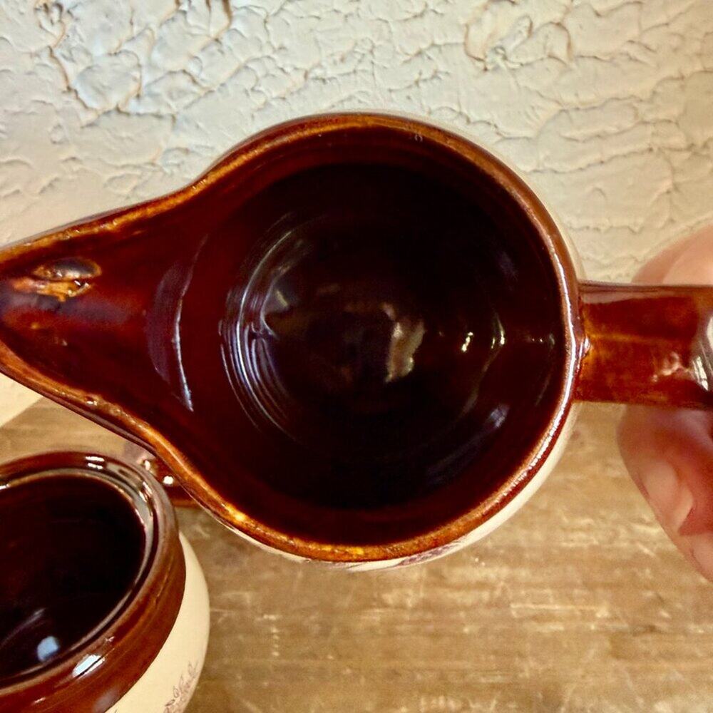 Vintage Stoneware Creamer & Sugar Bowl Set | Brown Drip Glaze Wheat Design - Picture 8 of 11